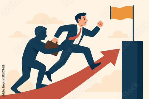 Concept of courage and determination. Pushing past fear for success. Overcoming challenge. Self belief, ambition. Mentor pushing fearful businessman to achieve a goal. Aspiration.