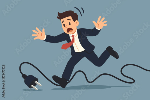 Business failure metaphor. Clumsy businessman character trips on a power cable plug. Concept for mistake, accident, risk, obstacle, and surprise problem. Man falling cartoon.