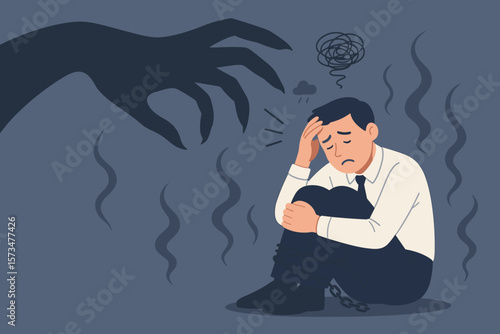 Man shackled by fear of failure, anxiety. Businessman depression, burnout, stress disorder. Metaphor for mental health issue, negative thinking, phobia, inner demon monster.