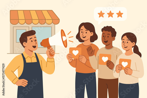 Customer loyalty and retention program concept. Marketing strategy for return customers. CRM to increase sales and satisfaction. Store owner with megaphone announcing promotion.