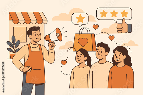 Customer loyalty and retention marketing strategy. CRM concept to increase sales and satisfaction. Store owner with megaphone attracting happy returning clients for business.