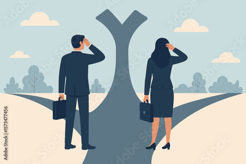 Business people at a crossroads making a career choice. Concept of direction, decision, challenge, and opportunity. Man and woman choosing a path. Future strategy metaphor.