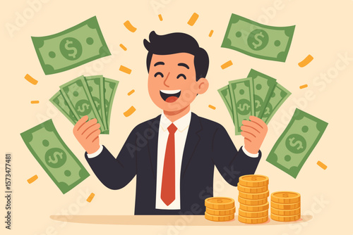 Earn money and make profit from investment or savings. Income and salary increase. Get rich and earn more wealth concept. Happy businessman millionaire holding easy money cash.