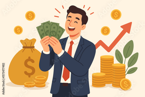 Earn money, make profit from investment, savings, income. Salary increase. Get rich and earn more wealth concept. Happy businessman, millionaire holding easy money.