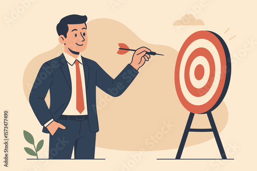 Businessman achieve goal. Business target. Confident skill to success. Challenge for marketing strategy. Aiming at goal. Perfection objective concept. Man with dart vector.
