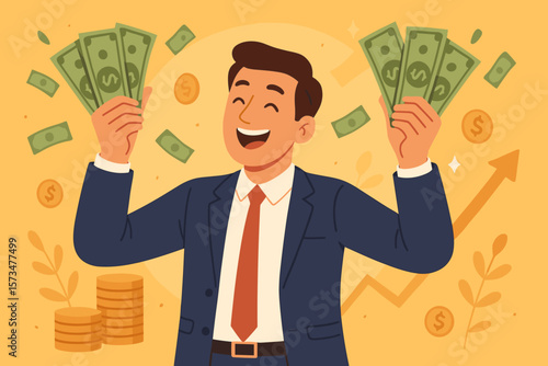 Earn money, make profit from investment, savings, or salary increase. Get rich, earn more wealth concept. Happy businessman millionaire holding easy money, successful investor.