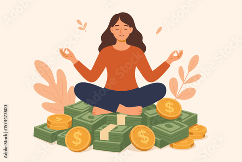 Financial wellbeing and money management concept. Successful woman meditating in lotus pose on a pile of cash and coins. Wealth accumulation, savings and investment growth.
