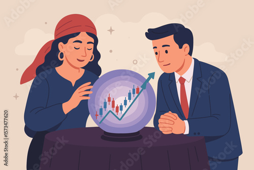 Stock market forecast metaphor. Businessman consults fortune teller with crystal ball for investment prediction, economic trend, and business vision. Future growth concept.