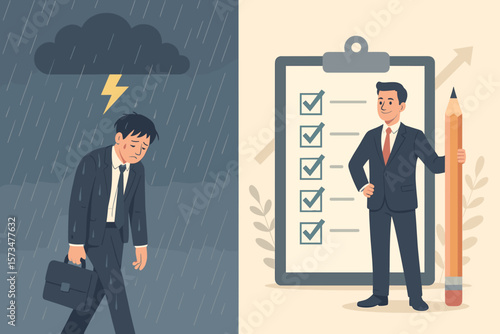 Businessman success vs failure concept. Happy with checklist, sad in rain. Metaphor for mood disorder, depression, motivation, problem solving, performance, positive mindset.