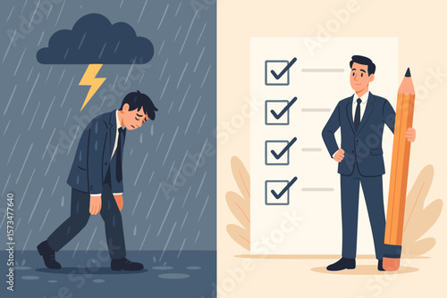 Concept of success and failure. Happy businessman with checklist vs sad man in rain. Metaphor for overcoming depression, problems, and business challenges. Good vs bad mood.