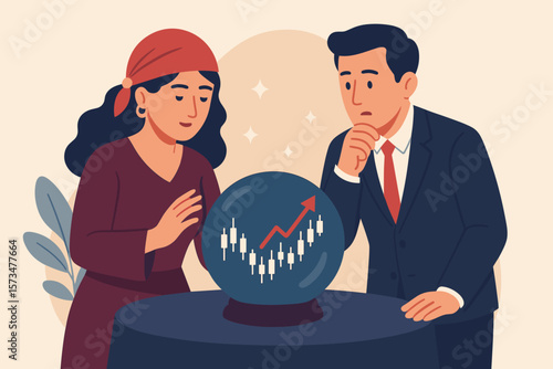 Stock market forecast. Investment opportunity. Fortune teller shows businessman economic direction in magic crystal ball. Business vision concept. Financial growth trend.
