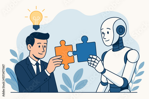 Human and AI collaboration concept. Businessman and robot connecting puzzle pieces. Teamwork for business solution. Innovation, technology, automation, support and synergy idea.
