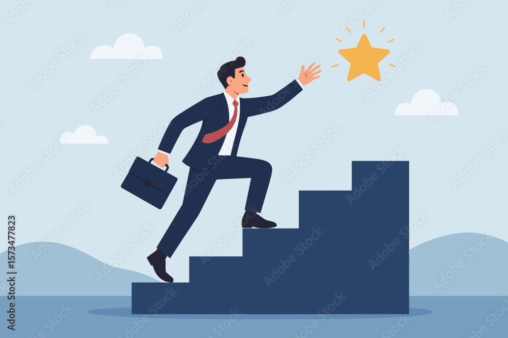 Ambitious businessman climbing stairs to achieve success, reaching star goal, career growth, business accomplishment, motivation, reward, leadership, progress concept Ambitious businessman climbing stairs to achieve success, reaching star goal, career growth, business accomplishment, motivation, reward, leadership, progress concept