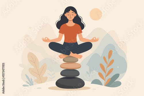 Harmony and balance concept. Young woman meditates in yoga lotus pose on stones. Mindfulness, relaxation for life wellness. Zen spiritual therapy for focus and concentration.