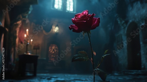 Photo of a single red rose blooms in a dark, atmospheric castle interior with candlelight