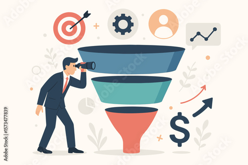Marketing Funnel, Sales Prospect Discovery, Lead Generation, Martech Analytics Optimization, Customer Insight, Conversion Rate, Businessman with Telescope, Target, Dollar Sign, Growth Arrow
