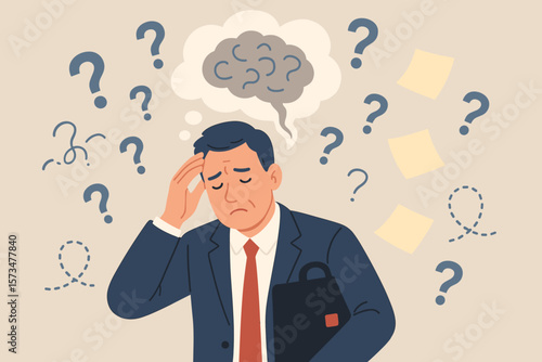 Memory loss confusion dementia concept. Businessman forgets tasks. Cognitive disorder, brain fog, mental health issue, confusion, puzzle pieces, question marks, stress at work