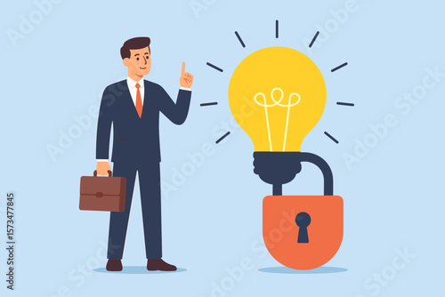 Intellectual property protection, patent, copyright, trademark concept. Businessman with briefcase stands by locked light bulb idea. Innovation security, legal rights, ownership