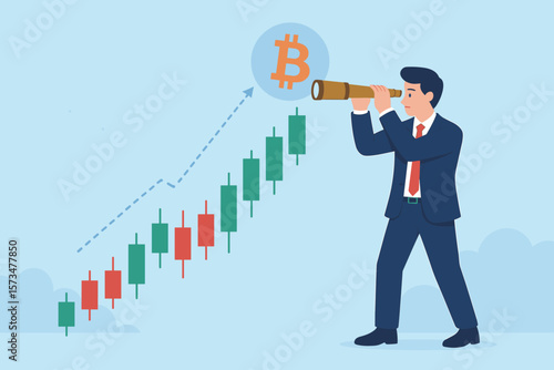 Bitcoin cryptocurrency investment forecast vision concept. Businessman using telescope to predict future profit trends. Financial market analysis with candlestick chart. Crypto trading opportunity.