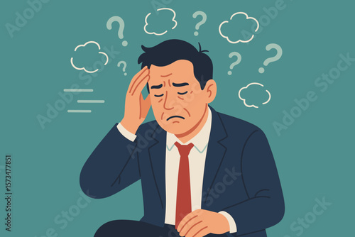 Confused businessman struggling with memory loss, forgetfulness, dementia, cognitive decline, mental confusion, brain fog, stress, trouble remembering tasks, confusion concept illustration