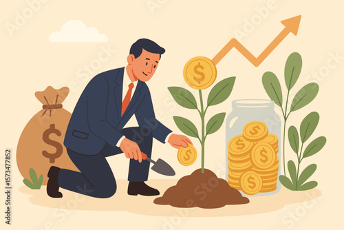 Businessman investor planting a money tree, a metaphor for investing in growth stocks, growing a pension or retirement fund. Concept of saving, profit, and wealth.