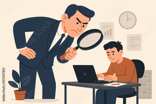 Micromanaging boss supervising employee at desk, toxic manager monitoring work with magnifying glass, excessive control, workplace stress, office micromanager, strict oversight