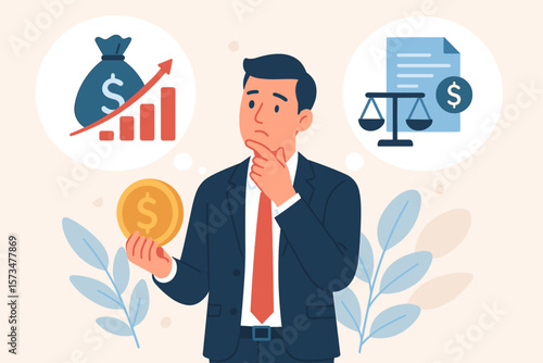 Businessman weighing financial decisions, investment versus debt repayment, holding gold coin, profit growth, legal balance, money management, finance choice, economic planning