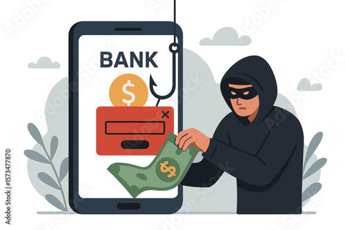 Mobile banking scam concept. Phishing fraud, online crime, hacker stealing money via fake bank app, cyber theft, financial security breach, smartphone phishing attack illustration