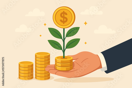 Financial growth investment concept. Businessman hand holding coins with money plant, dollar symbol, prosperity, wealth increase, savings, profit, mutual funds, opportunity, success
