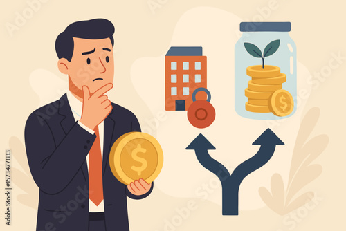 Businessman holding gold coin choosing financial investment or debt repayment, decision making concept, money management, financial planning, profit growth, savings options