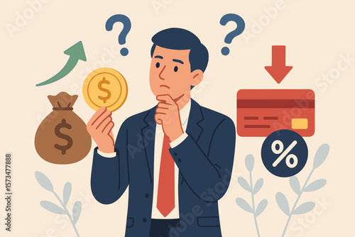 Financial decision making dilemma, businessman investor holding coin, choosing between paying off debt or investing for profit, money management, savings, credit card, interest rate