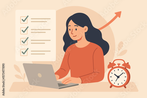 Productivity and time management for business success. Efficient woman with laptop and checklist. Goal achievement and task completion concept. Project planning and progress growth.