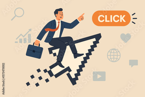 Digital marketing success concept. Businessman riding pixel mouse cursor, pointing at click button. Online advertising, SEO, social media, click through rate, internet marketing strategy