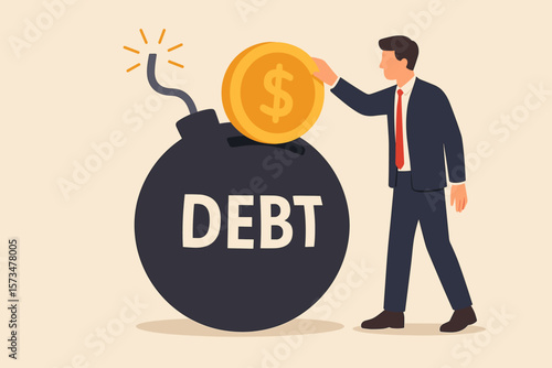 Businessman paying off debt concept. Financial obligation, liability relief, deficit, borrowing, money management, responsibility, debt bomb, risk, economic crisis metaphor