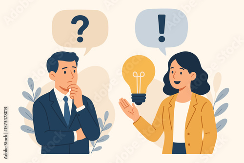 Wallpaper Mural Business communication concept. Problem solving, FAQ, question and answer, support idea. Businessman and businesswoman with speech bubbles, exclamation mark, question mark, lightbulb. Torontodigital.ca