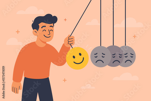 Positive thinking concept. Man holding happy smile face pendulum inspires emotional balance, optimism, happiness, mental health, mood change, emotional intelligence, overcoming sadness