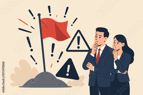 Business Risk Red Flag Warning, Caution and Alert Concept, Thoughtful Business People Assessing Economic Threats, Danger Signs, Exclamation Marks, Hazard Notice Illustration