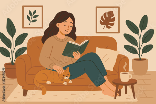 Young woman relaxes at home on the sofa reading a book with her cat. Cozy hygge lifestyle for wellbeing, self-care, mental health, reduced anxiety, and positive emotion.