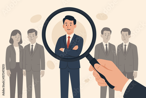 Human resources recruitment concept. Employer or HR manager using magnifying glass to select best candidate. Talent search, headhunting, job vacancy, choosing employee illustration