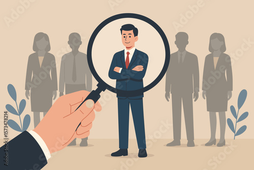 Human resources recruitment concept. Employer uses magnifying glass to select best candidate. Head hunting, talent search, job vacancy, company hiring, choosing employee illustration