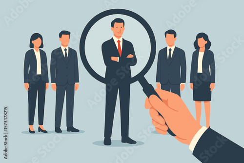 Human Resources Recruitment Concept, Head Hunting, Talent Search, Job Vacancy Selection, Employer or HR Using Magnifying Glass, Business Team, Candidate Evaluation, Company Hiring Process