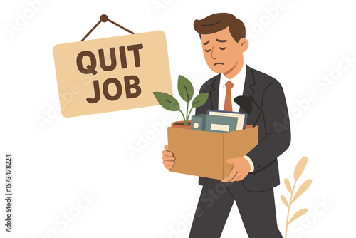 Businessman quitting job carrying box with office supplies, resignation, career change, employee termination, unemployment, burnout, dissatisfaction, layoff, exit concept