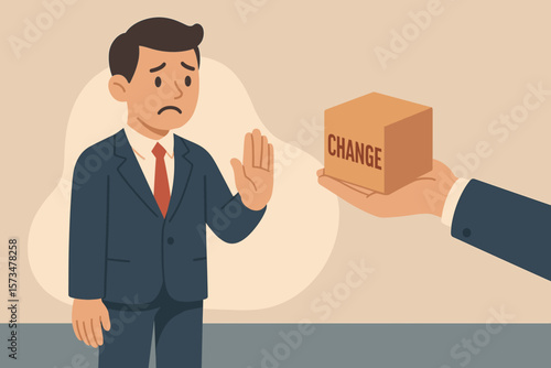 Status quo bias, fear of change, refusal to leave comfort zone, conservative thinking, risk aversion, resisting decision making, businessman rejecting change concept