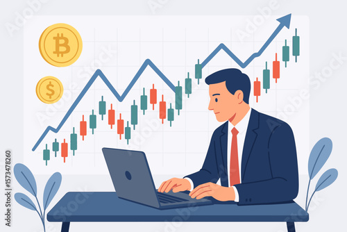 Businessman Analyzing Stock Market and Cryptocurrency Investment, Financial Trading, Technical Analysis, Rising Chart, Bitcoin, Dollar, Candlestick Graph, Currency Exchange Concept