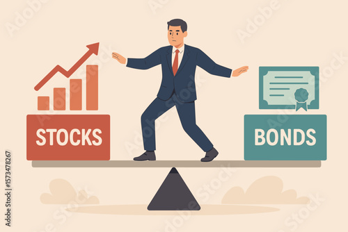 Stocks versus bonds investment asset allocation concept. Financial risk assessment for portfolio diversification. Balancing return in mutual or pension funds. Investor choice.