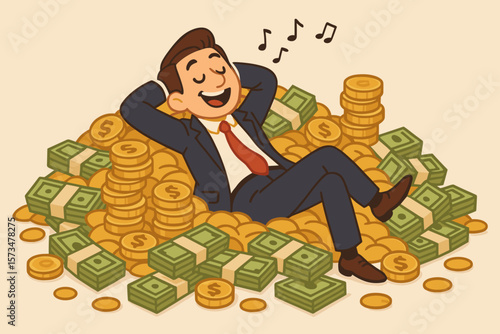 Successful businessman relaxing on pile of cash and gold coins, wealthy investor celebrating financial independence, early retirement, FIRE, investment profit, rich lifestyle concept