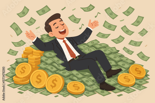 Rich businessman on a pile of money. FIRE, financial independence, retire early concept. Successful investor earning profit. Happy man enjoying wealth from his financial success.