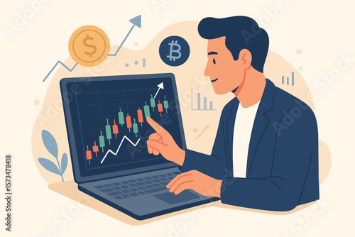 Businessman analyzing stock market and cryptocurrency investment on laptop, technical analysis with candlestick chart, financial trading, currency exchange, finance concept