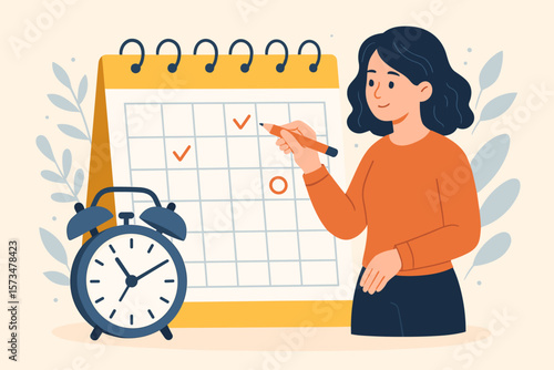 Work schedule and syllabus calendar for planning appointments and events. Project management timeline and business deadline reminder concept. Woman with pencil marks dates. Vector.
