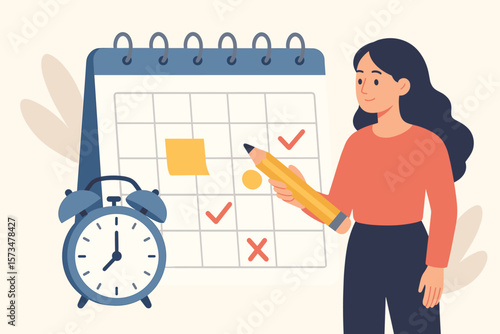 Work schedule and syllabus calendar for planning appointments and events. Project management timeline and business deadline reminder concept. Woman with pencil marks dates.